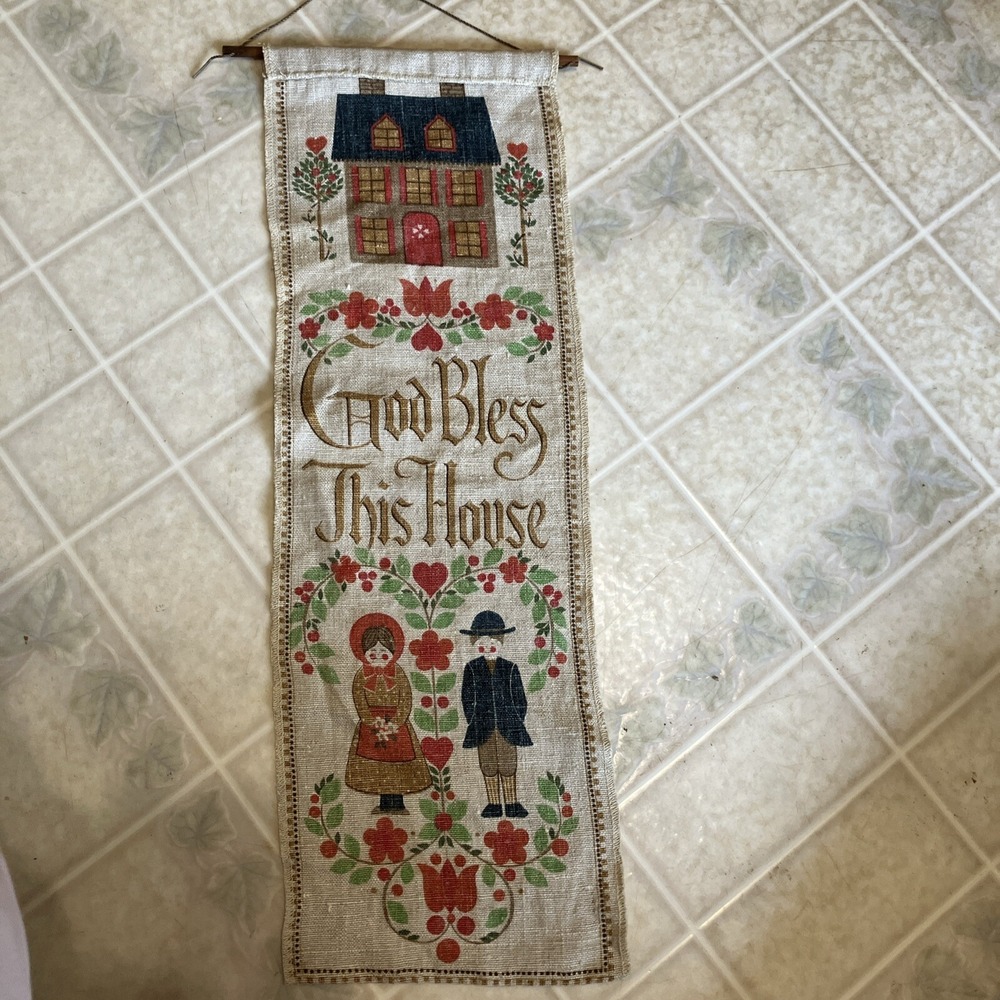 Vintage Hallmark Cards "God Bless This House" Woven Linen Wall Hanging‎